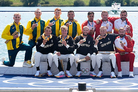 Paris Olympics men's kayak four 500-meter: Silver medalists Australia, gold medalists Germany, bronze medalists Spain